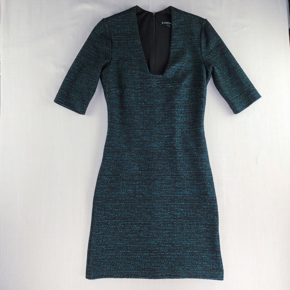 Le Chateau Sheath Dress Women Small Black Teal Marled Knit V Neck Made in Canada - Picture 2 of 13